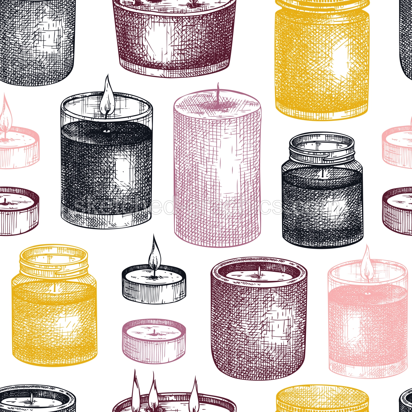 Hand-sketched aromatic candles backdrop. Vector seamless pattern with vintage jars and containers. Scented candles background for relaxing, aromatherapy, hobby, handcrafts, candle making. Illustration